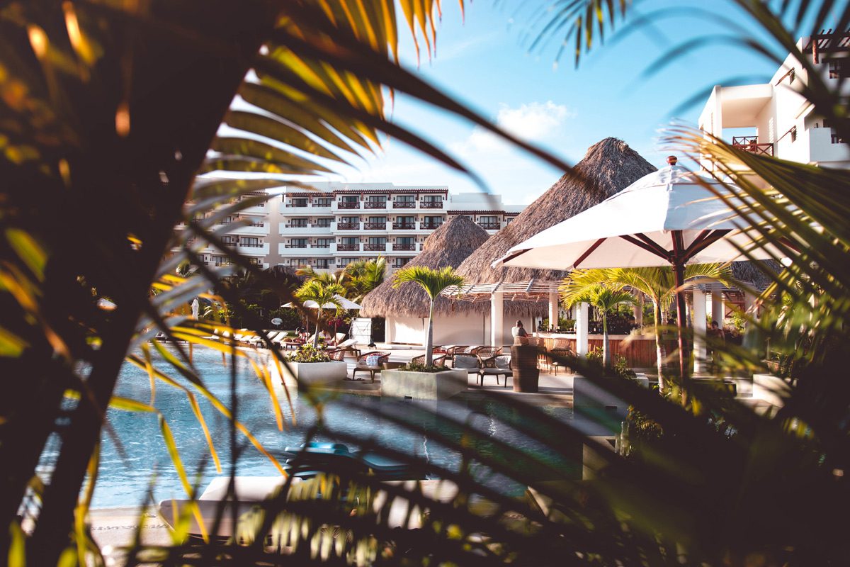 Вид на отель среди листьев пальм