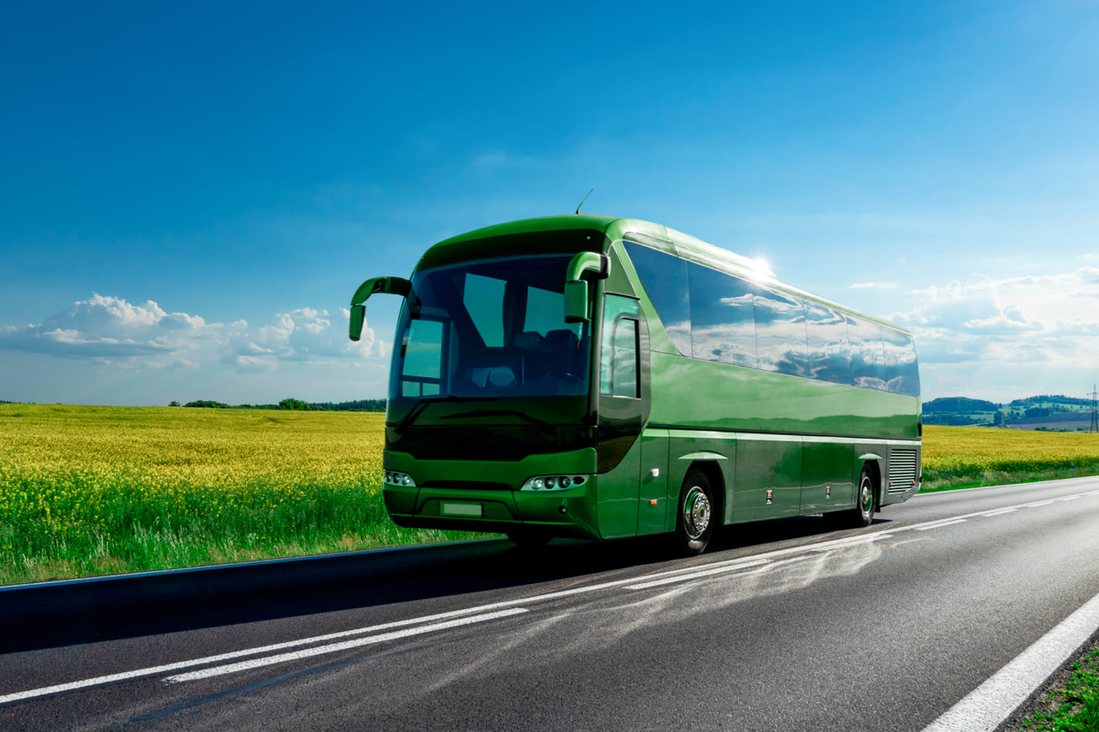 Зеленый автобус проезжает желтые поля